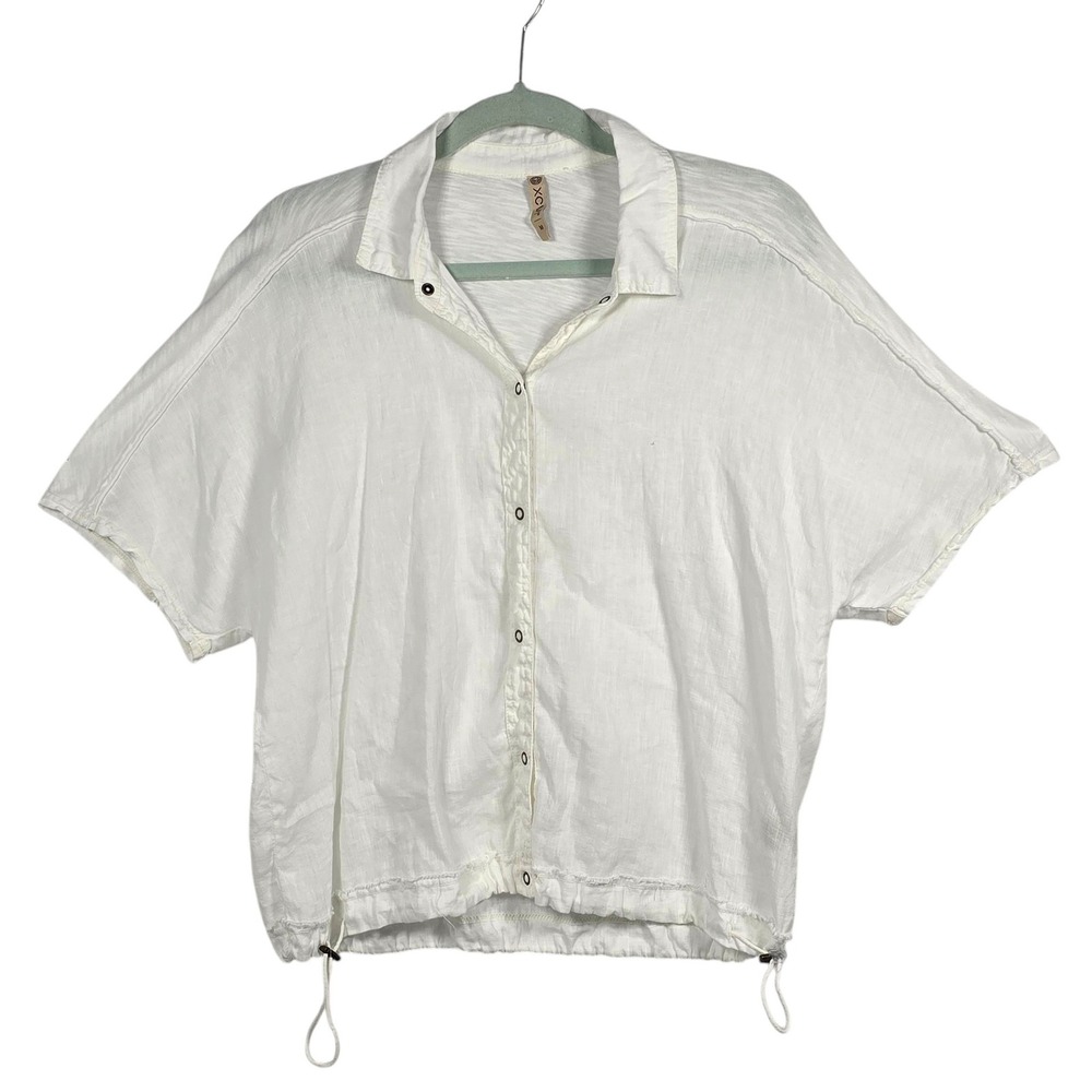 XCVI Womens White Linen Blend Short Sleeve Snap Front Drawstring Shirt Medium